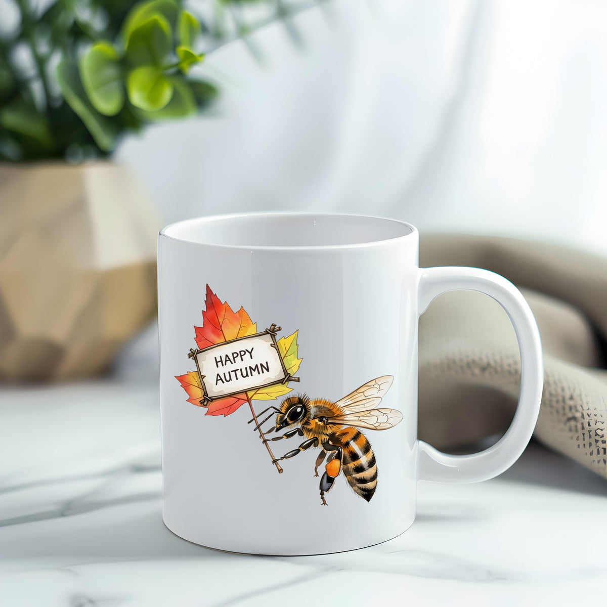 Honeybee Holding Happy Autumn Sign UV DTF sticker applied to a white coffee mug