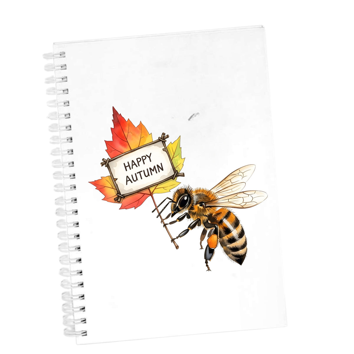 Honeybee Holding Happy Autumn Sign UV DTF sticker applied to the cover of a white spiral journal