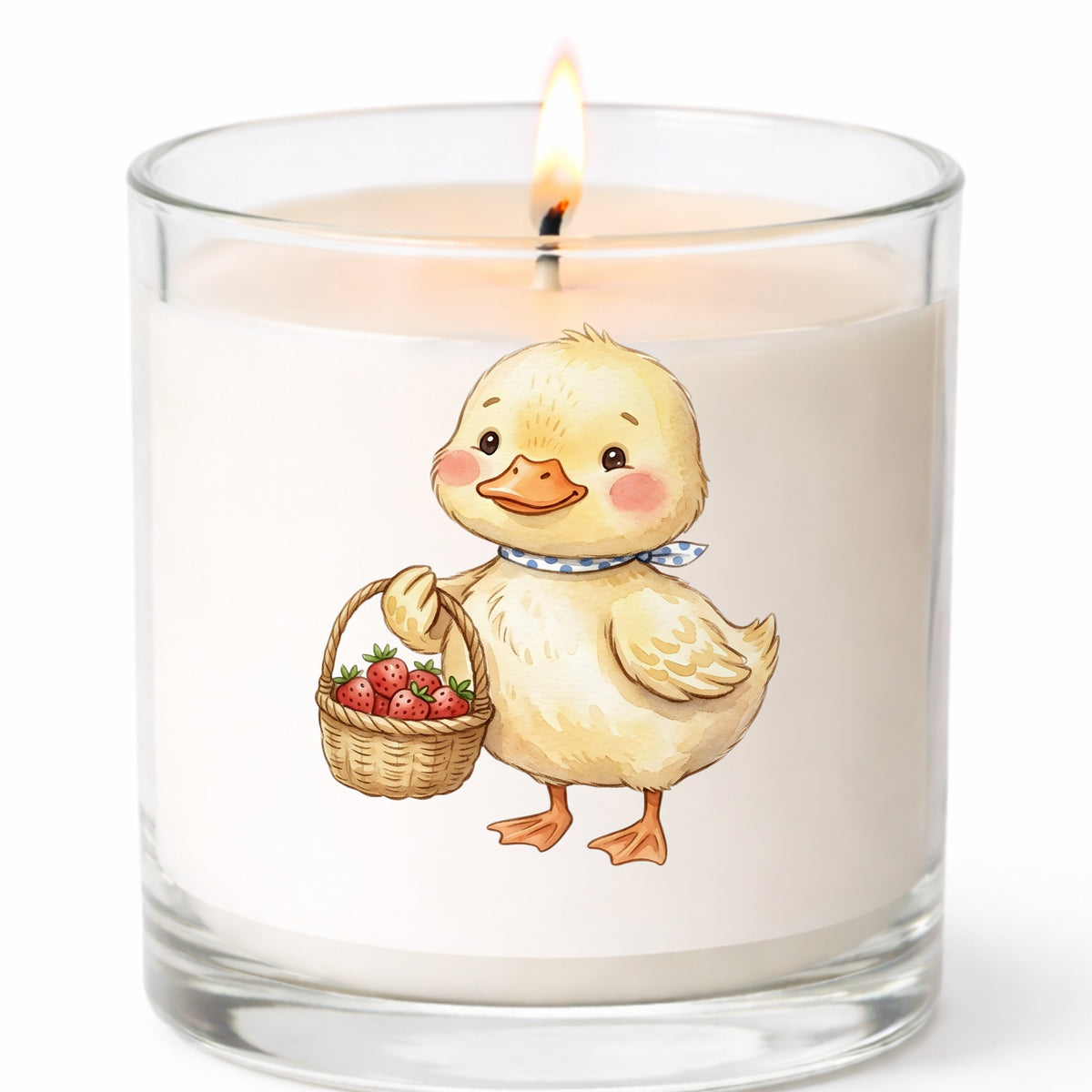 Duckling With Strawberry Basket UV DTF sticker applied to a white candle in a clear glass jar