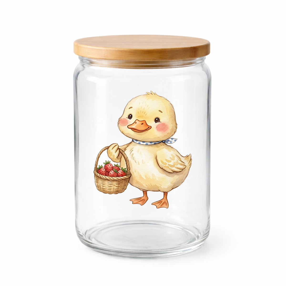 Duckling With Strawberry Basket UV DTF sticker applied to a clear glass jar with a wooden lid