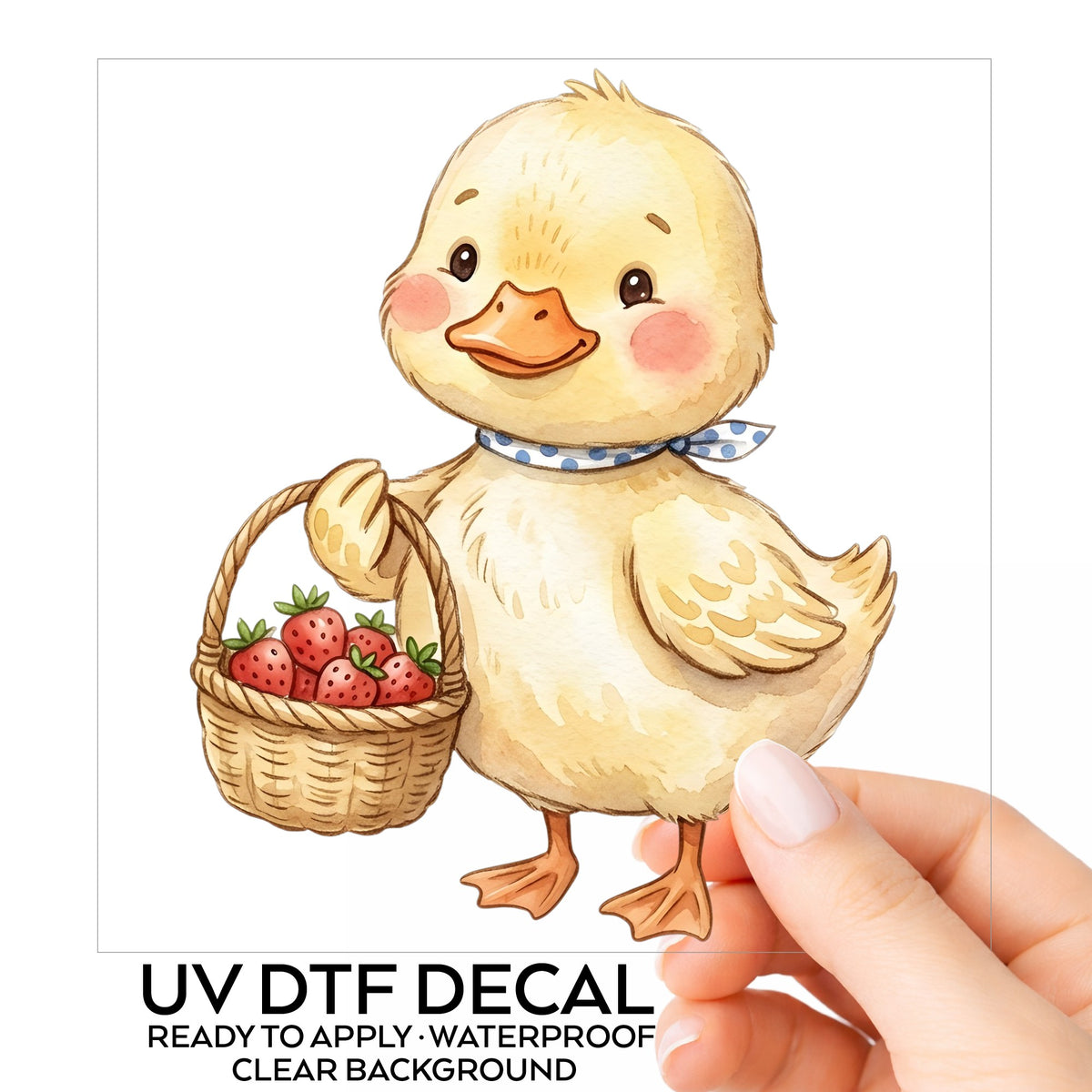 Duckling With Strawberry Basket UV DTF sticker on its backing card, held in hand