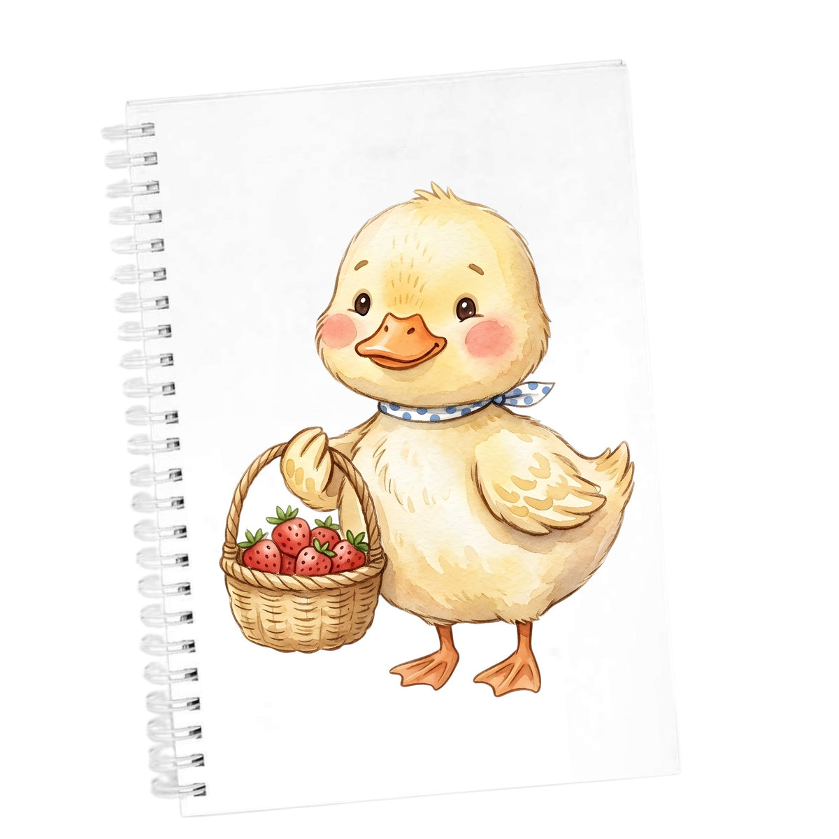 Duckling With Strawberry Basket UV DTF sticker applied to the cover of a white spiral journal