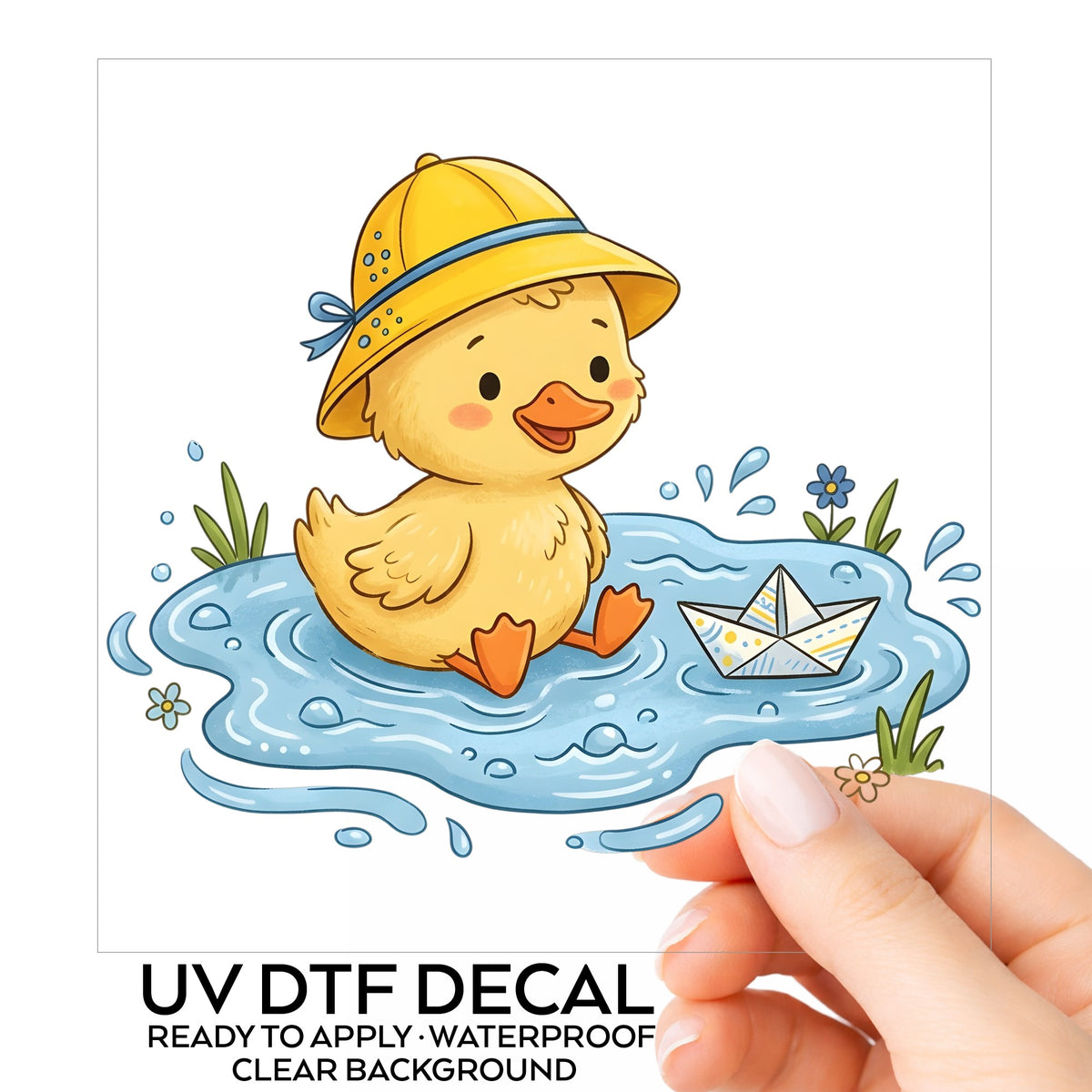 Duckling In Rain Hat In Puddle UV DTF sticker on its backing card, held in hand