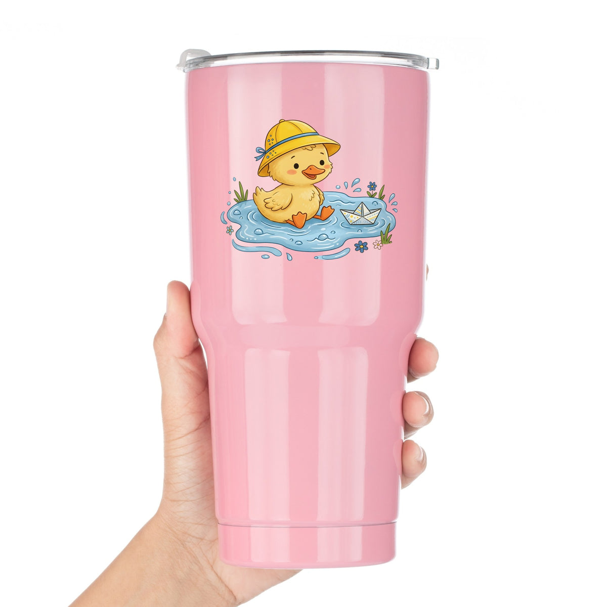 Duckling In Rain Hat In Puddle UV DTF sticker applied to a pink tumbler held against a white background
