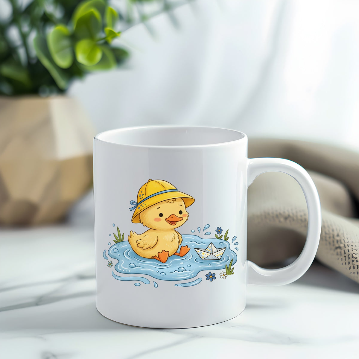 Duckling In Rain Hat In Puddle UV DTF sticker applied to a white coffee mug