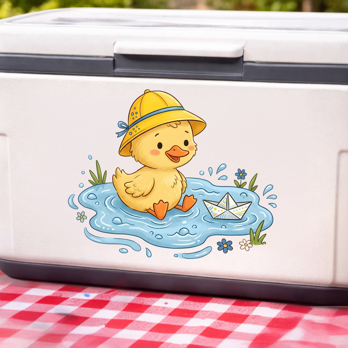 Duckling In Rain Hat In Puddle UV DTF sticker applied to a white cooler on a red gingham cloth