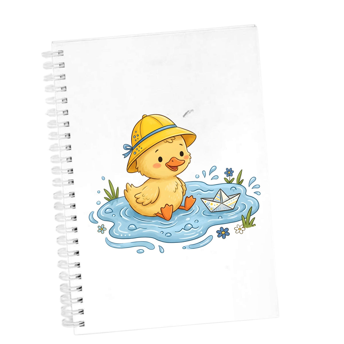 Duckling In Rain Hat In Puddle UV DTF sticker applied to the cover of a white spiral journal