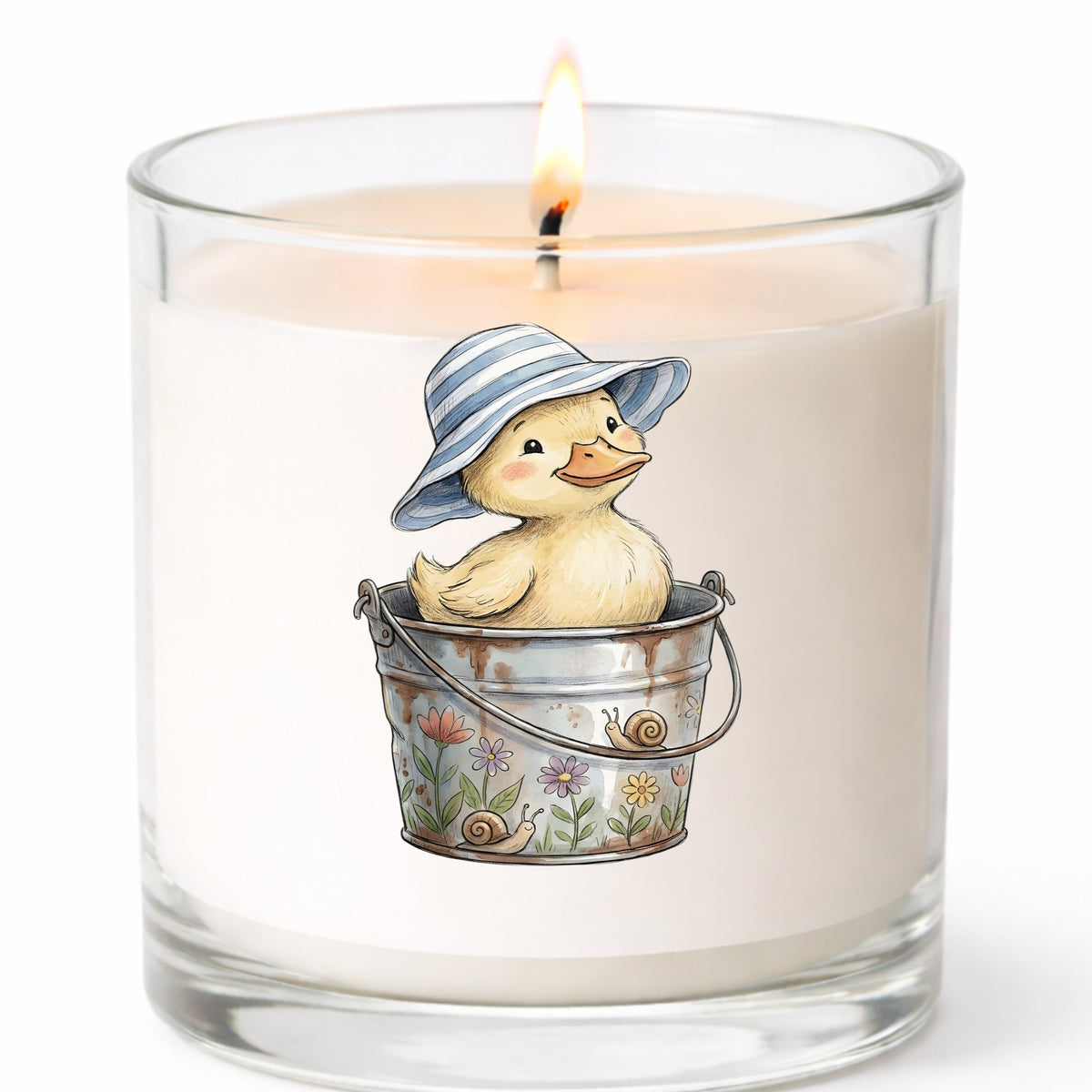 Duckling In Sun Hat In Bucket UV DTF sticker applied to a white candle in a clear glass jar