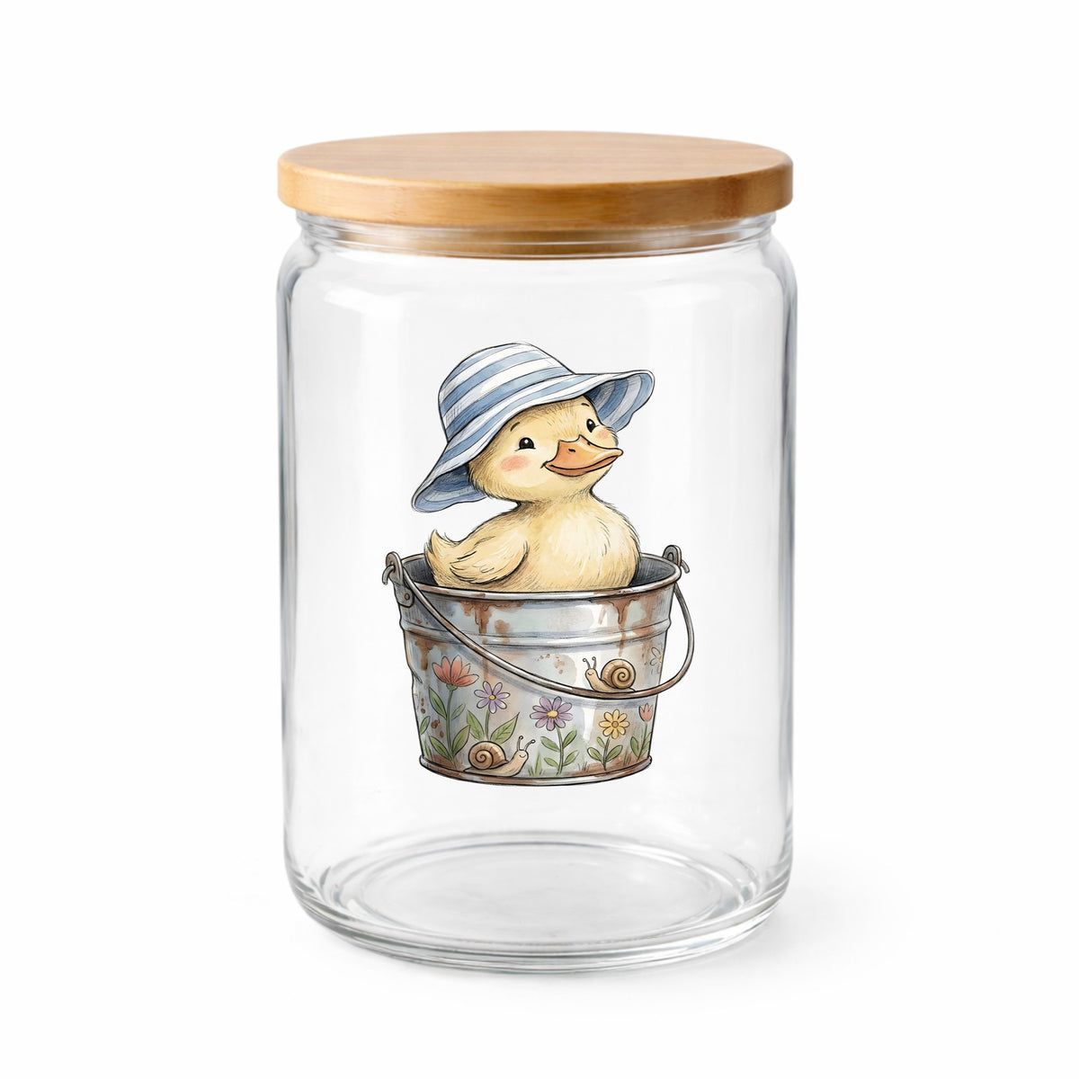 Duckling In Sun Hat In Bucket UV DTF sticker applied to a clear glass jar with a wooden lid