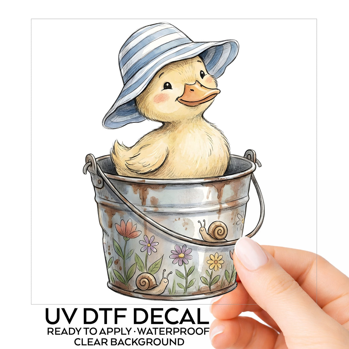 Duckling In Sun Hat In Bucket UV DTF sticker on its backing card, held in hand