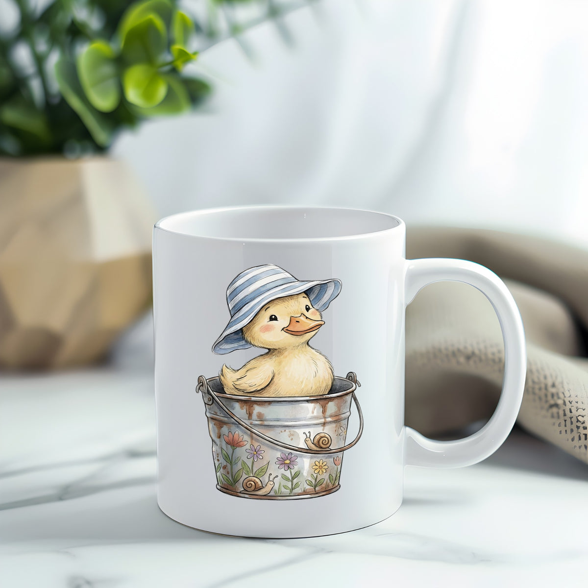 Duckling In Sun Hat In Bucket UV DTF sticker applied to a white coffee mug