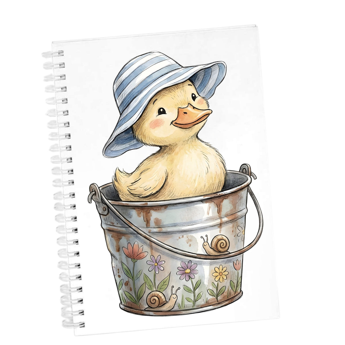 Duckling In Sun Hat In Bucket UV DTF sticker applied to the cover of a white spiral journal