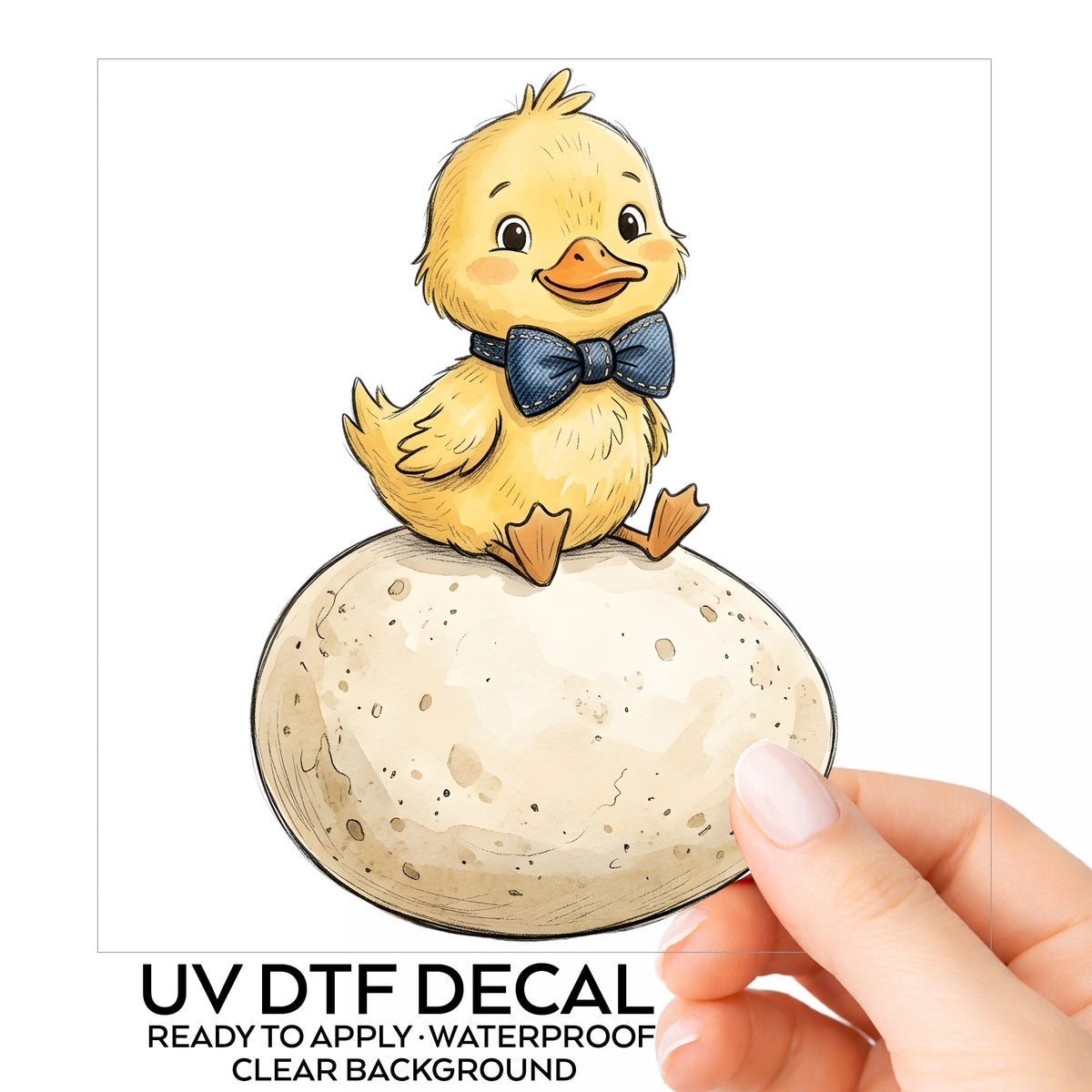 Duckling On Giant Egg UV DTF sticker on its backing card, held in hand