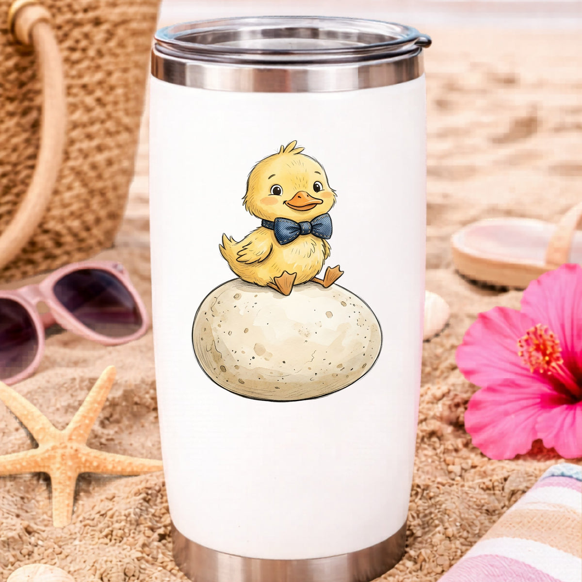 Duckling On Giant Egg UV DTF sticker applied to a white travel tumbler on beach sand