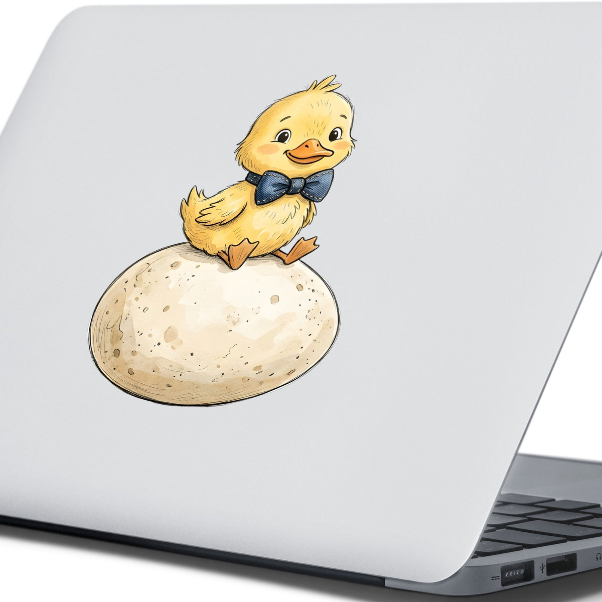Duckling On Giant Egg UV DTF sticker applied to the lid of a silver laptop
