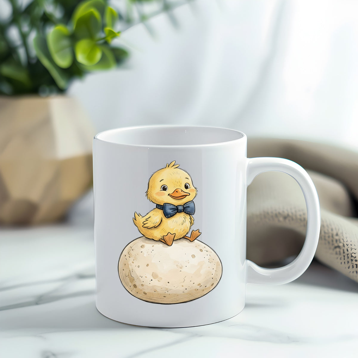 Duckling On Giant Egg UV DTF sticker applied to a white coffee mug