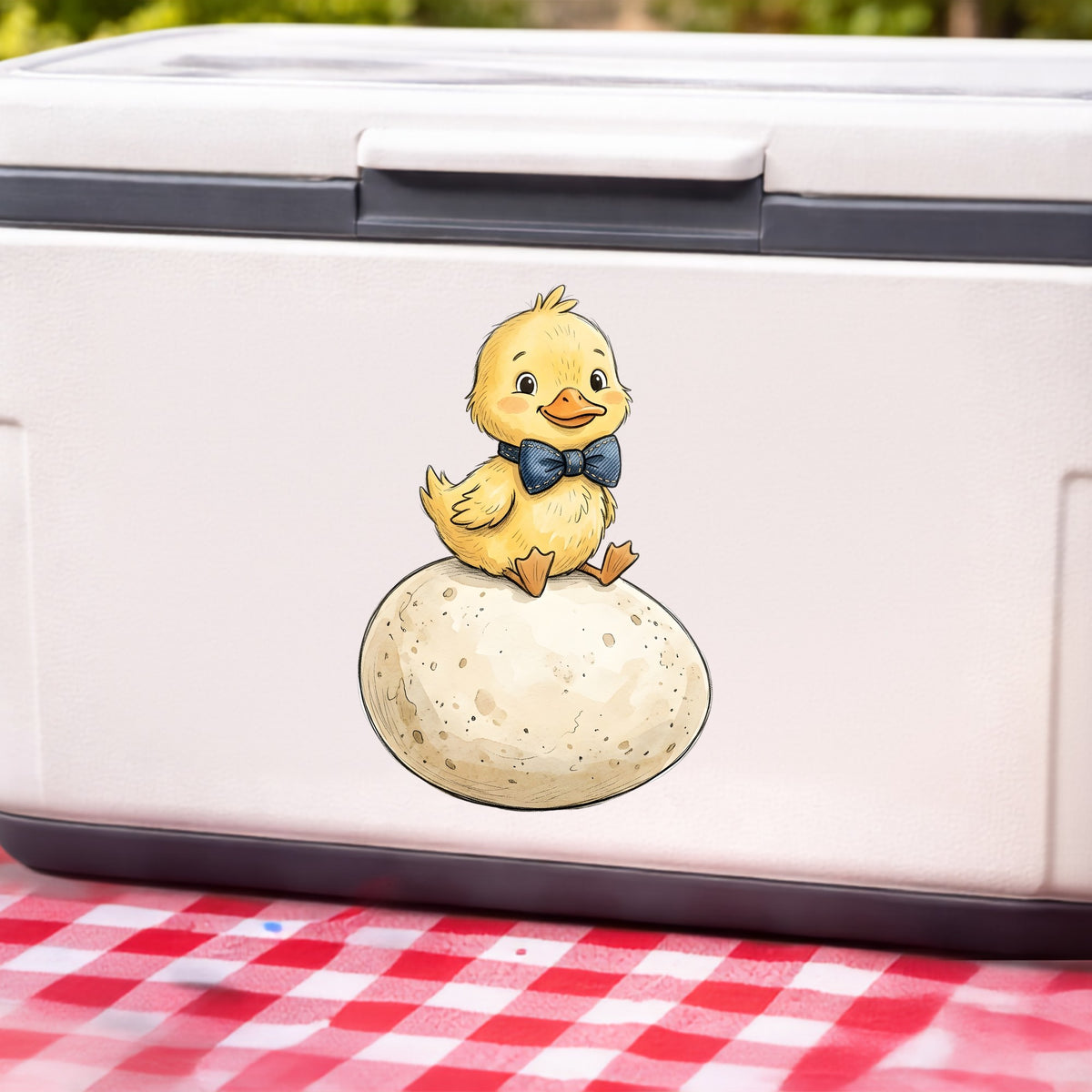 Duckling On Giant Egg UV DTF sticker applied to a white cooler on a red gingham cloth