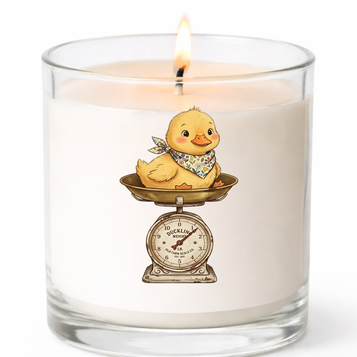 Duckling On Vintage Farm Scale UV DTF sticker applied to a white candle in a clear glass jar