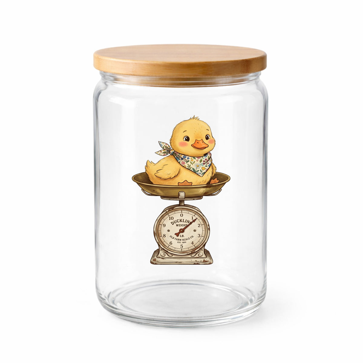 Duckling On Vintage Farm Scale UV DTF sticker applied to a clear glass jar with a wooden lid