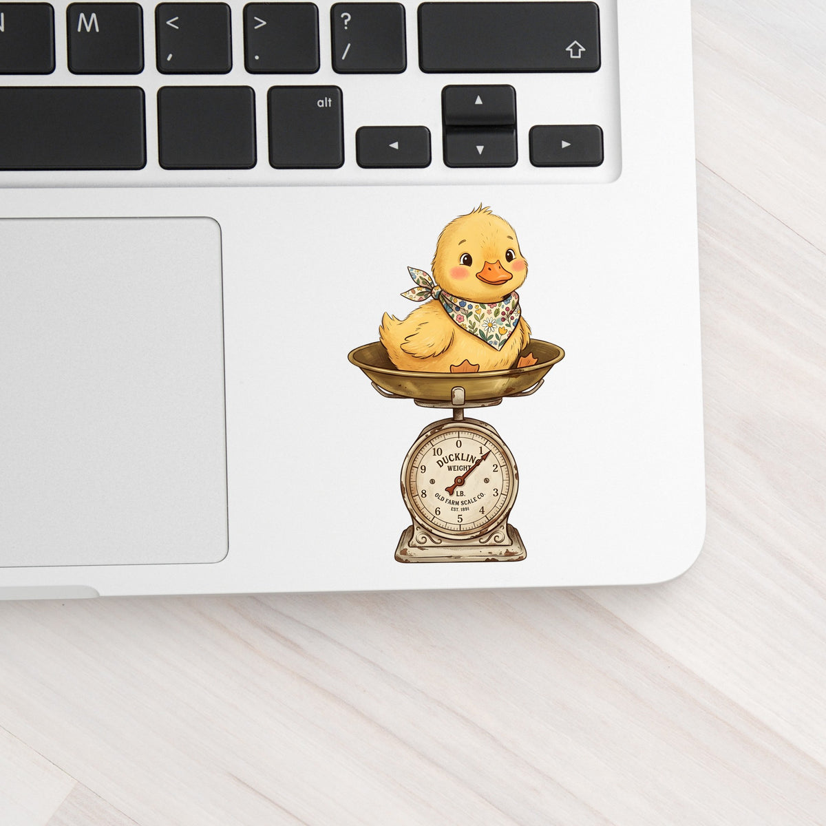 Duckling On Vintage Farm Scale UV DTF sticker applied to a silver laptop beside the keyboard
