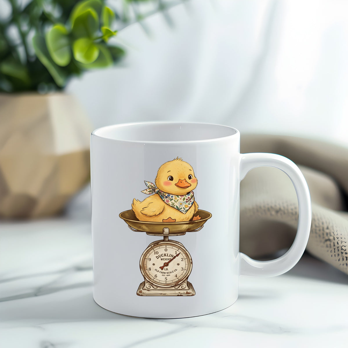 Duckling On Vintage Farm Scale UV DTF sticker applied to a white coffee mug