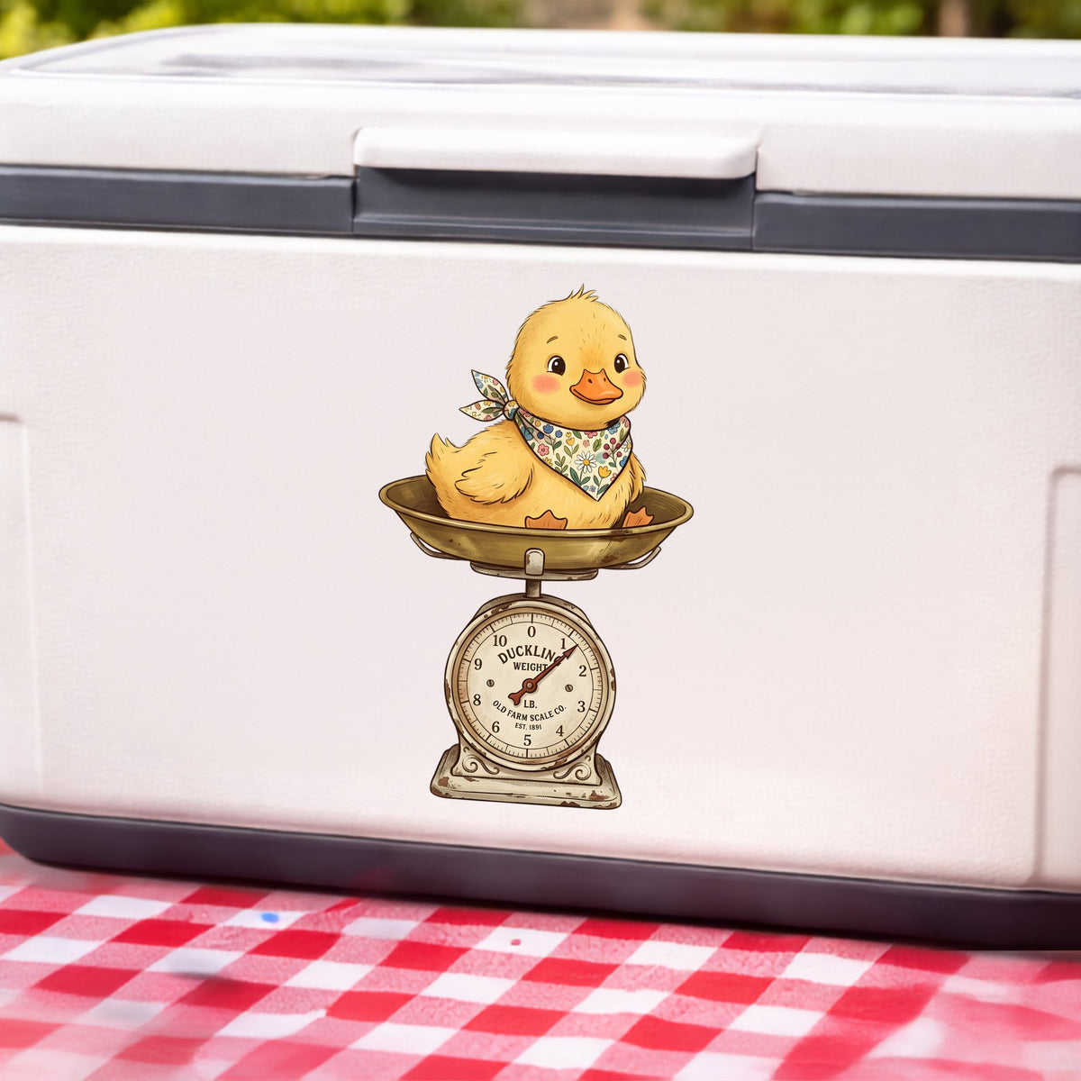 Duckling On Vintage Farm Scale UV DTF sticker applied to a white cooler on a red gingham cloth