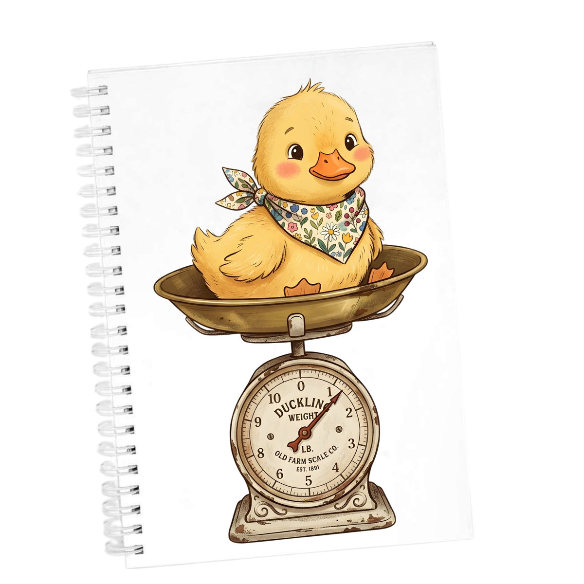Duckling On Vintage Farm Scale UV DTF sticker applied to the cover of a white spiral journal