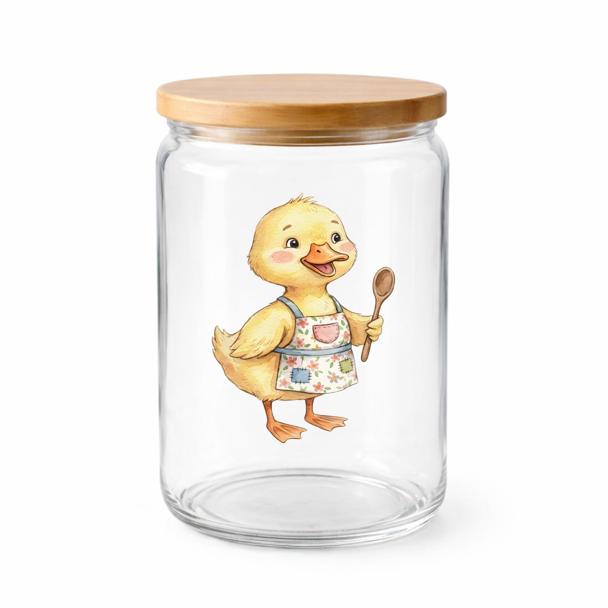 Duckling In Apron With Wooden Spoon UV DTF sticker applied to a clear glass jar with a wooden lid