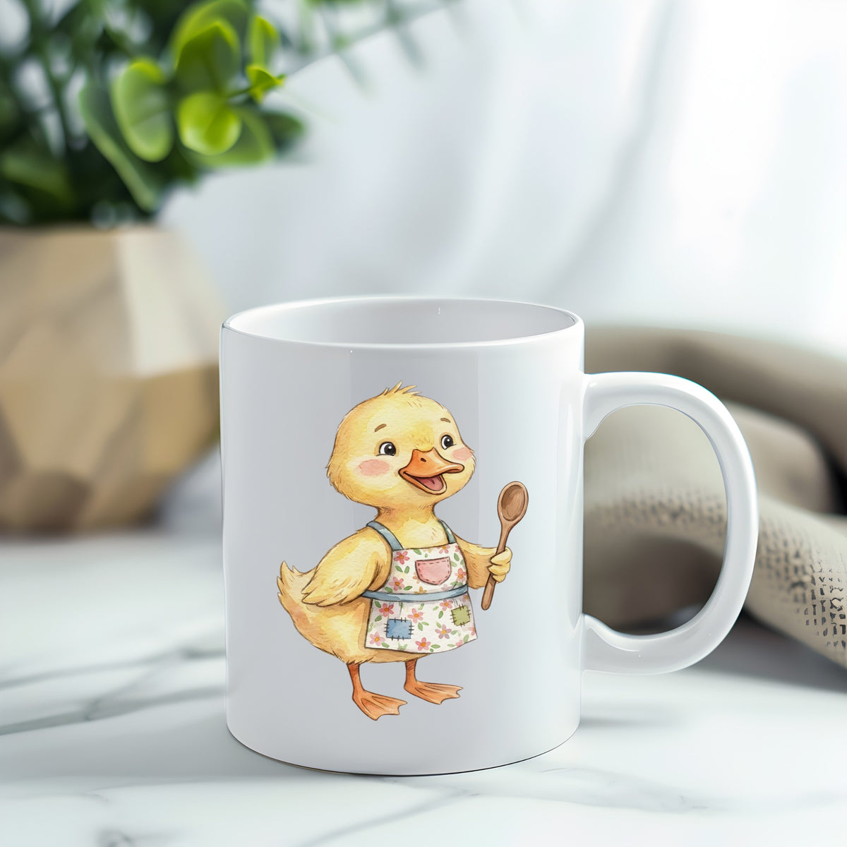 Duckling In Apron With Wooden Spoon UV DTF sticker applied to a white coffee mug