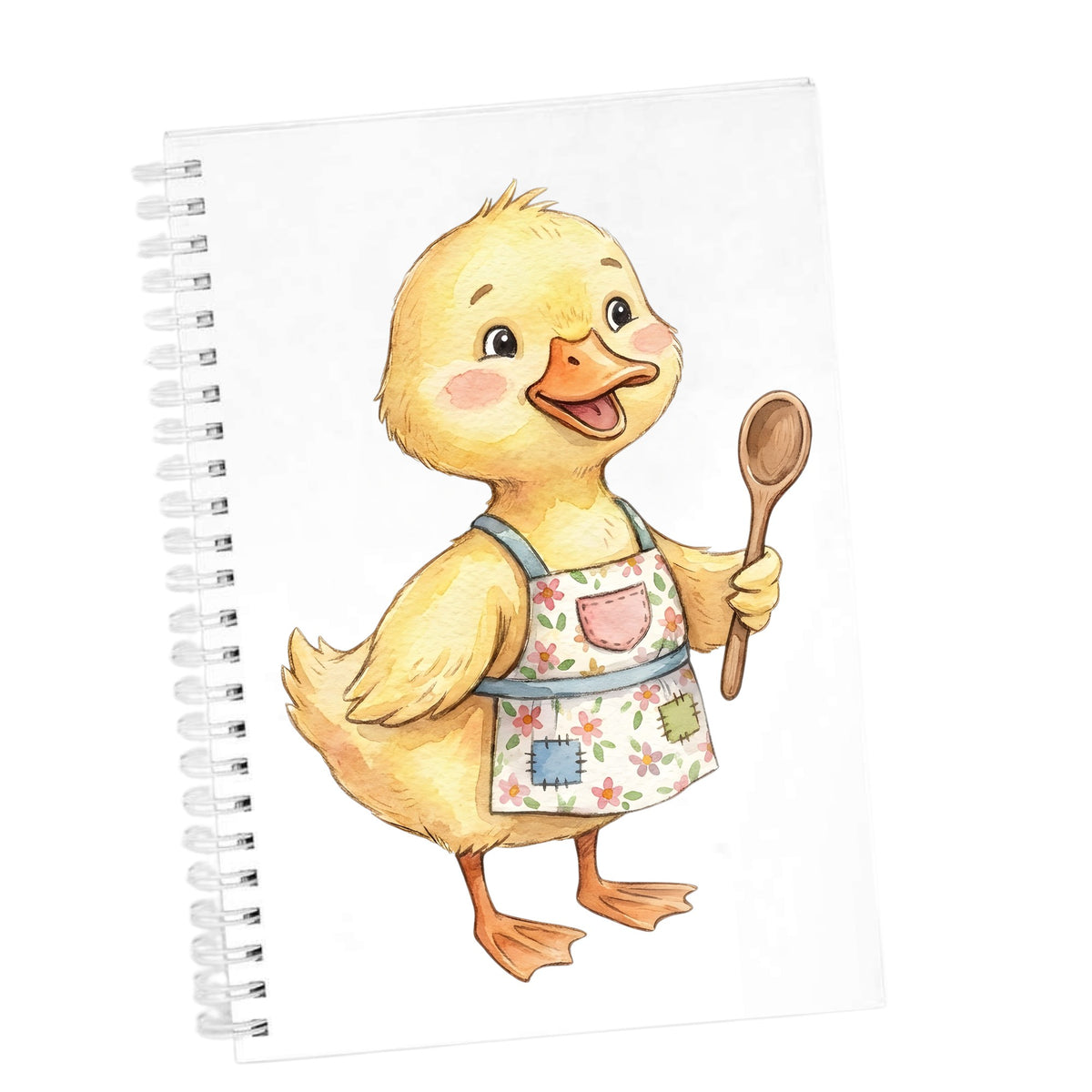Duckling In Apron With Wooden Spoon UV DTF sticker applied to the cover of a white spiral journal