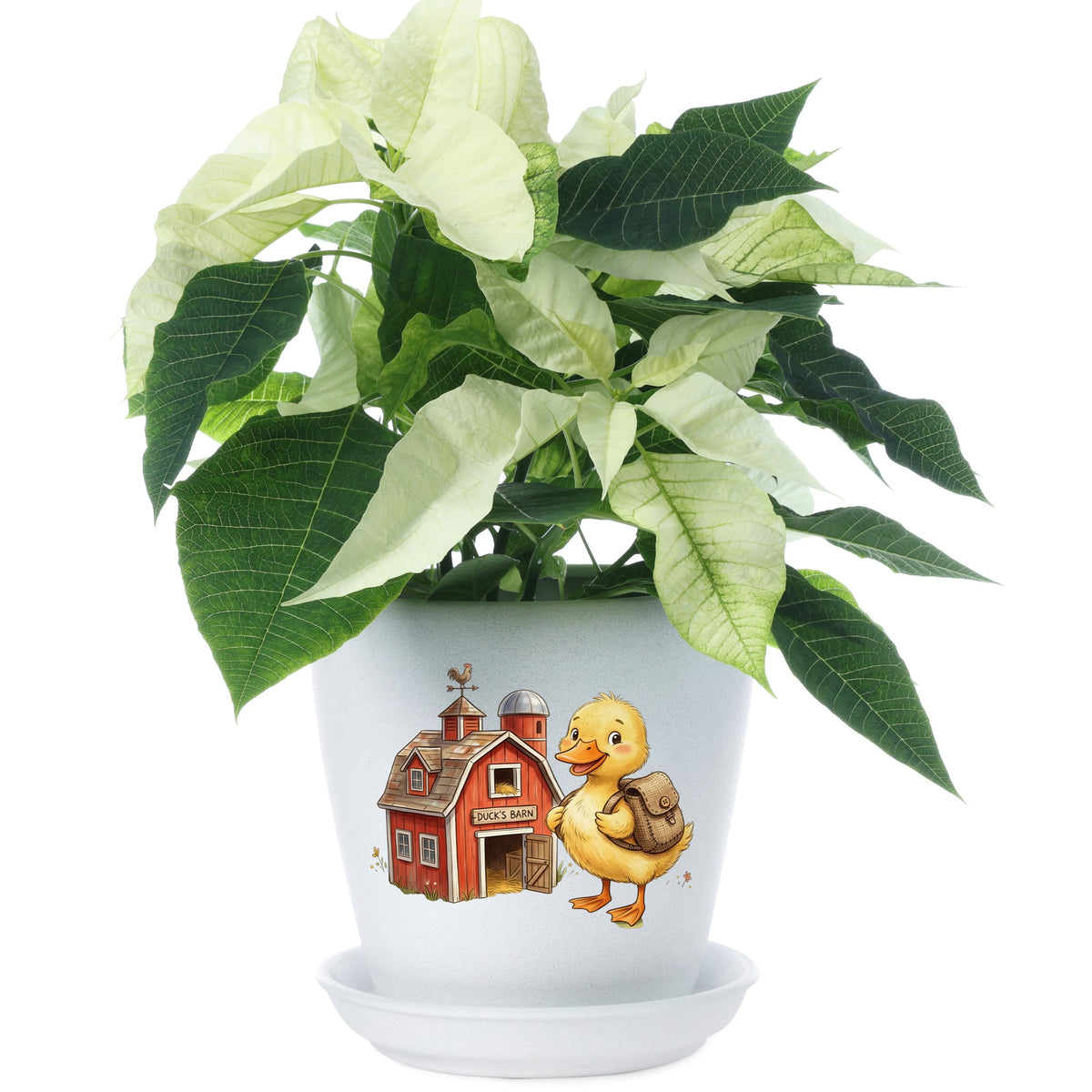 Duckling With Backpack And Red Barn UV DTF sticker applied to a white flower pot