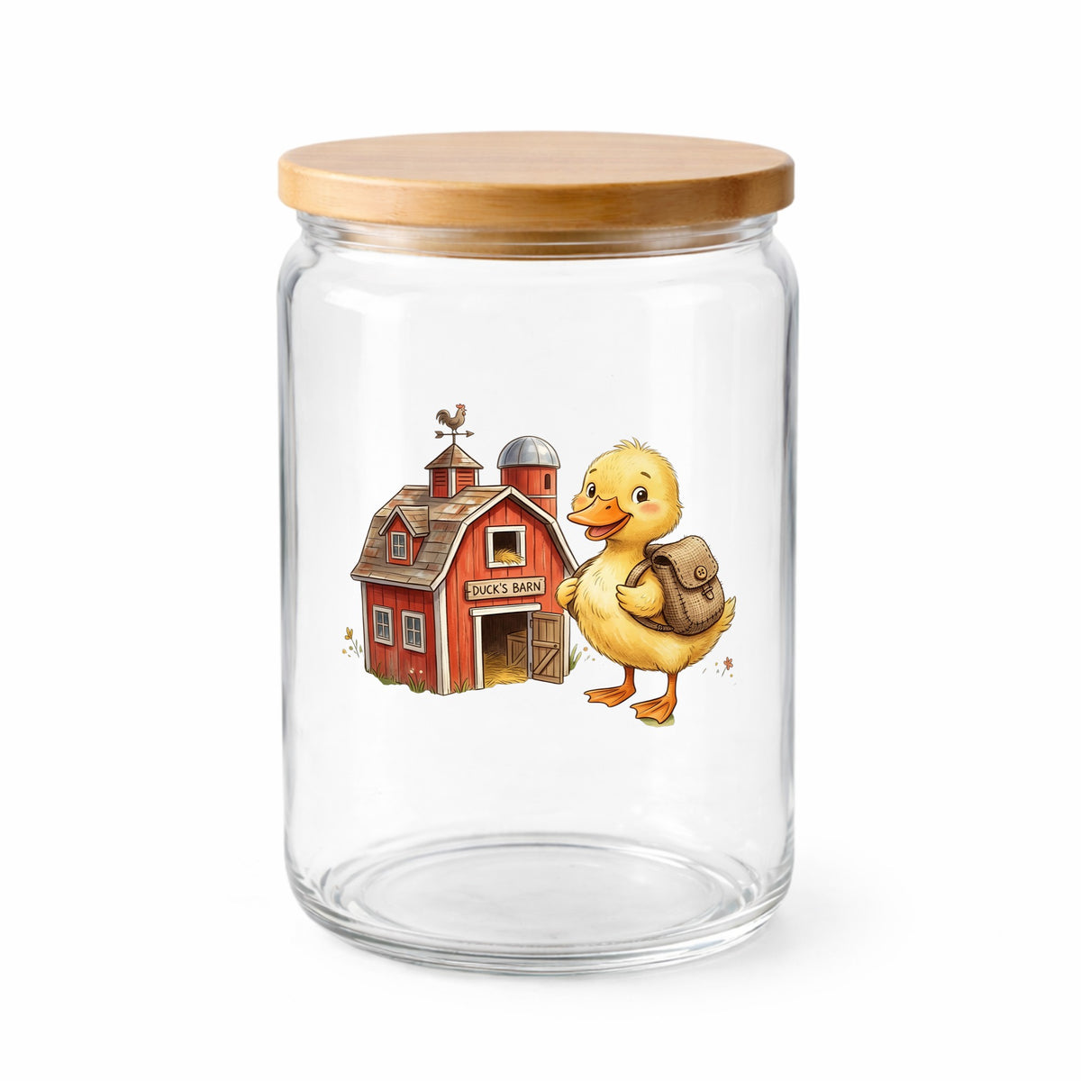 Duckling With Backpack And Red Barn UV DTF sticker applied to a clear glass jar with a wooden lid
