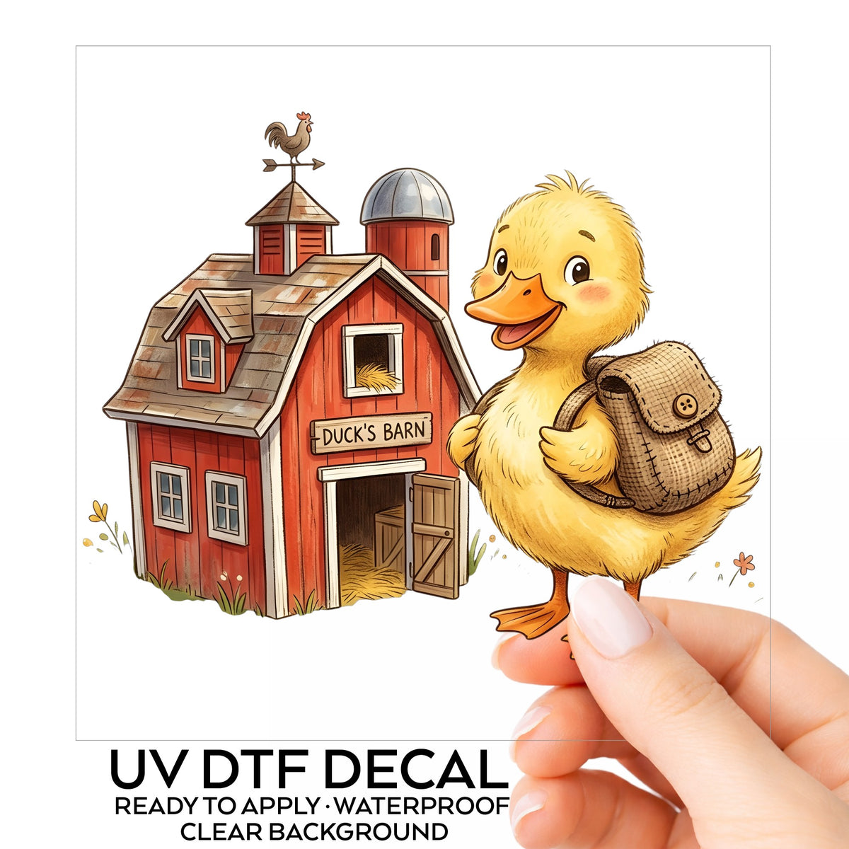 Duckling With Backpack And Red Barn UV DTF sticker on its backing card, held in hand