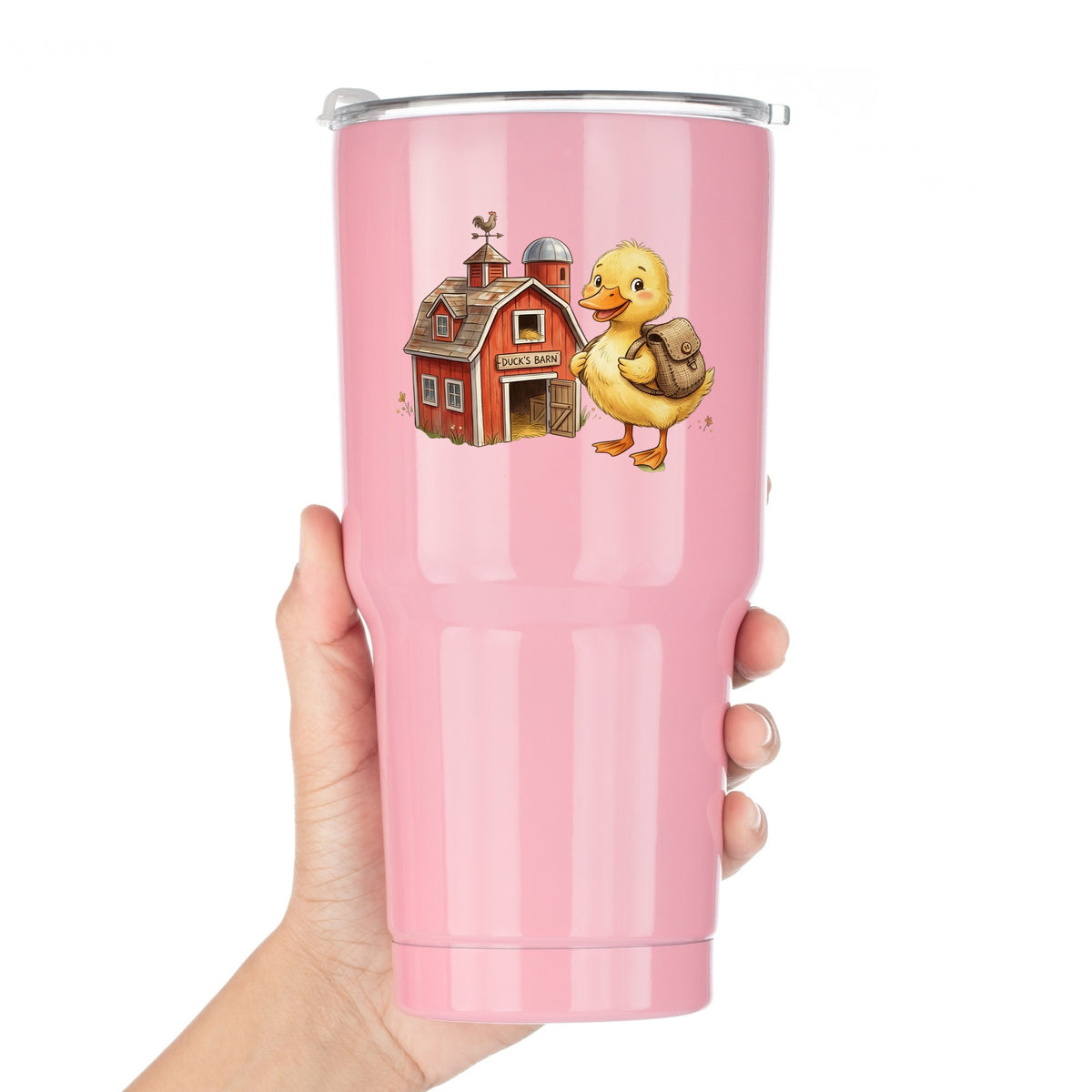Duckling With Backpack And Red Barn UV DTF sticker applied to a pink tumbler held against a white background
