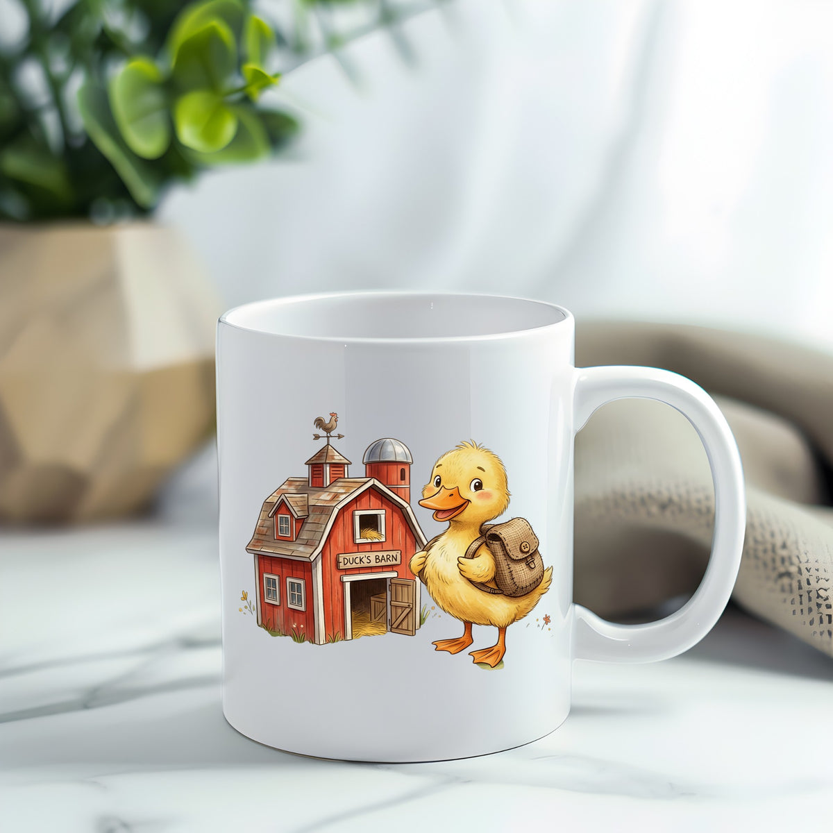 Duckling With Backpack And Red Barn UV DTF sticker applied to a white coffee mug