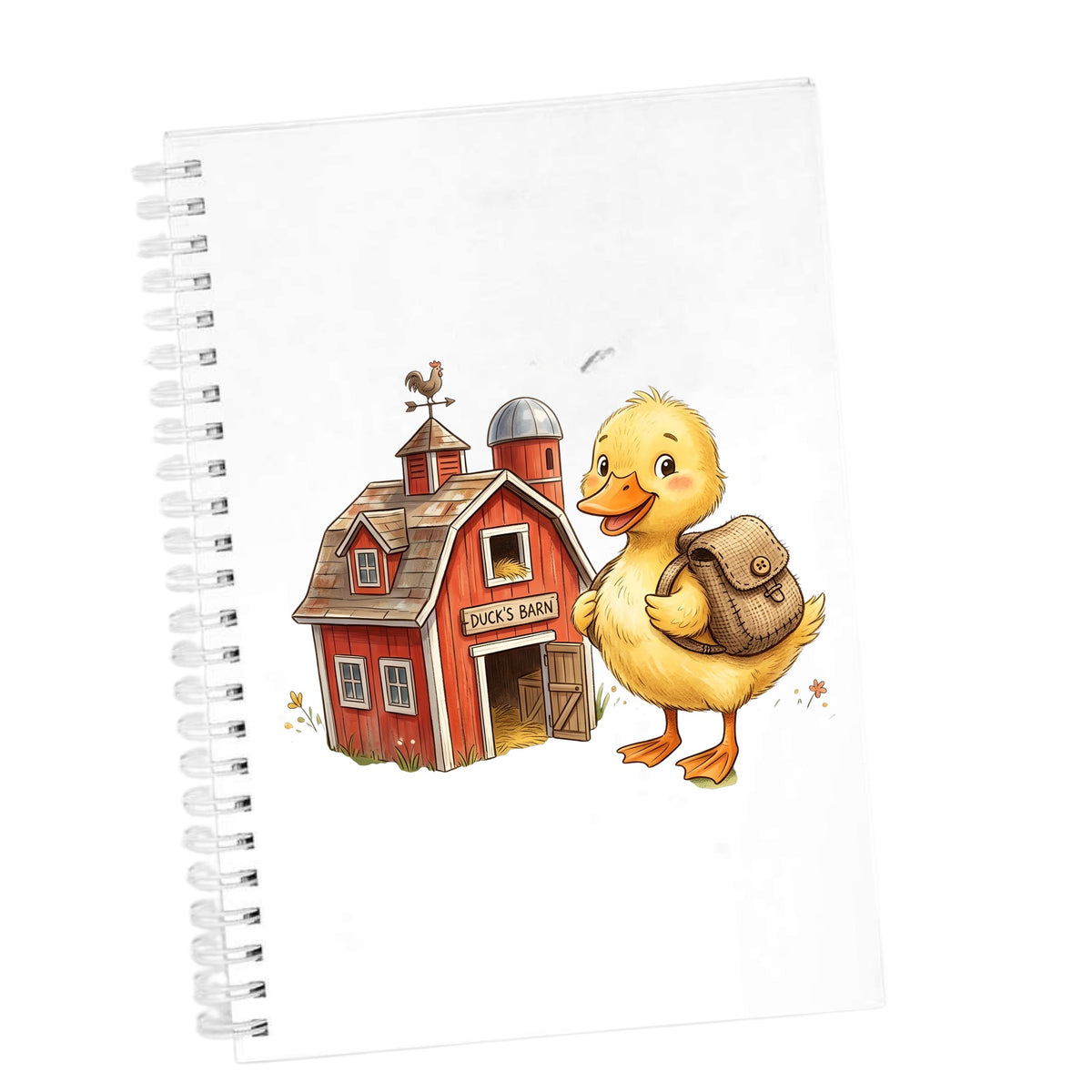 Duckling With Backpack And Red Barn UV DTF sticker applied to the cover of a white spiral journal