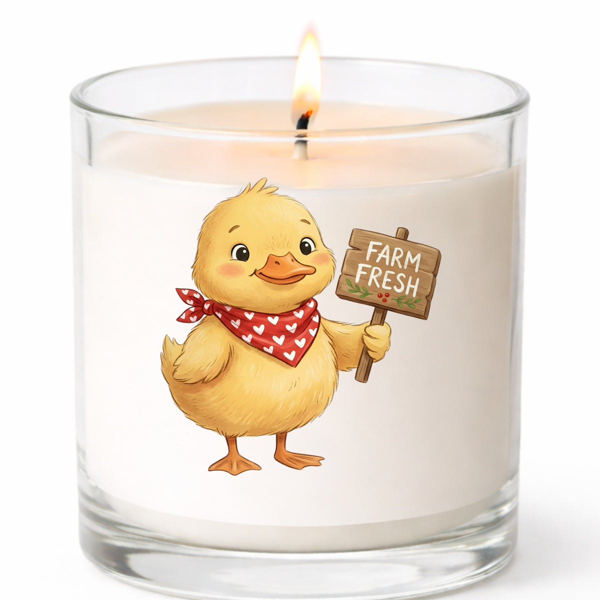 Duckling With Farm Fresh Sign UV DTF sticker applied to a white candle in a clear glass jar