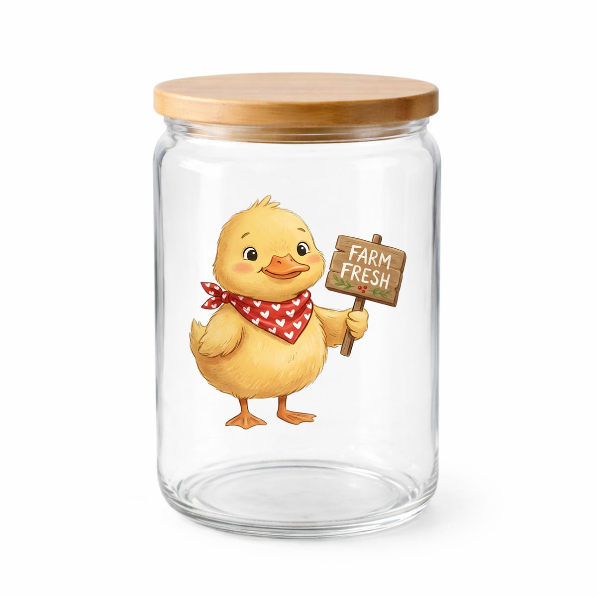 Duckling With Farm Fresh Sign UV DTF sticker applied to a clear glass jar with a wooden lid