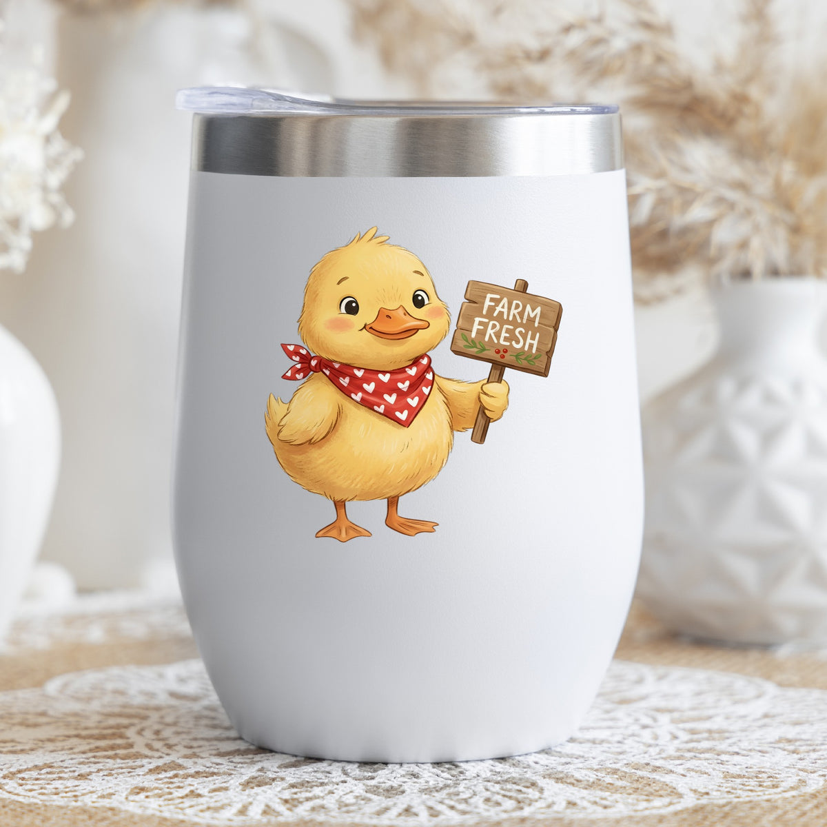 Duckling With Farm Fresh Sign UV DTF sticker applied to a white stemless tumbler with a lid