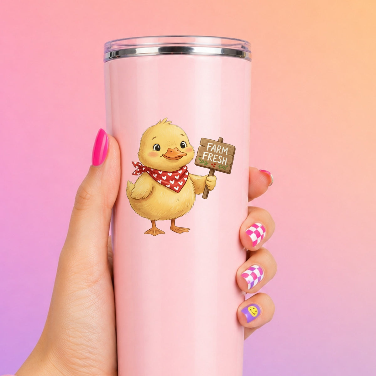 Duckling With Farm Fresh Sign UV DTF sticker applied to a tall pink tumbler on a pink and orange background
