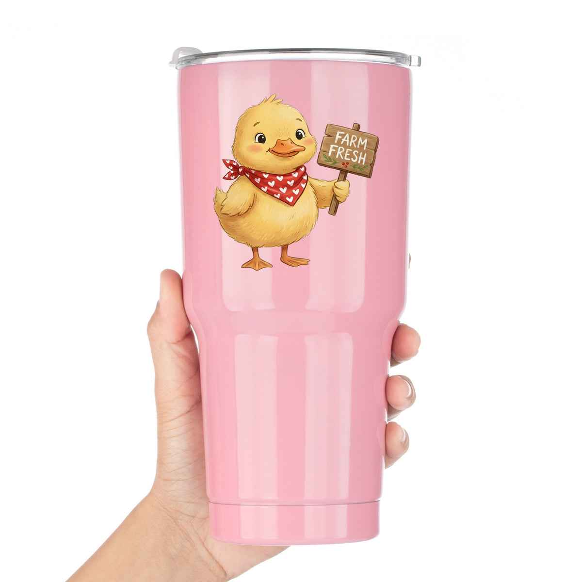 Duckling With Farm Fresh Sign UV DTF sticker applied to a pink tumbler held against a white background