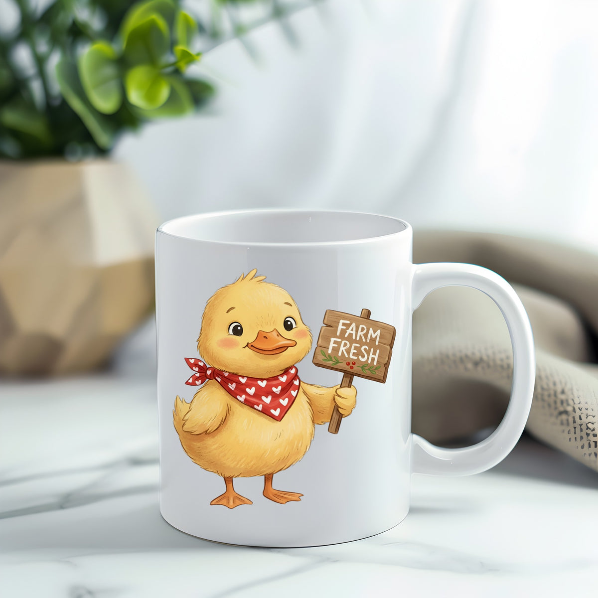 Duckling With Farm Fresh Sign UV DTF sticker applied to a white coffee mug