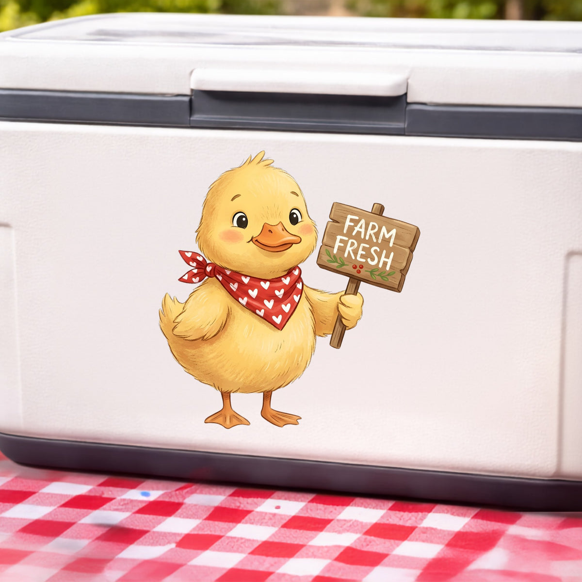 Duckling With Farm Fresh Sign UV DTF sticker applied to a white cooler on a red gingham cloth