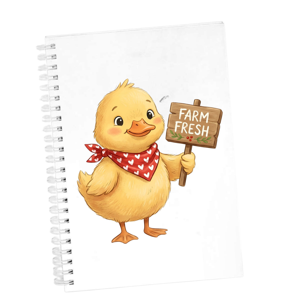 Duckling With Farm Fresh Sign UV DTF sticker applied to the cover of a white spiral journal