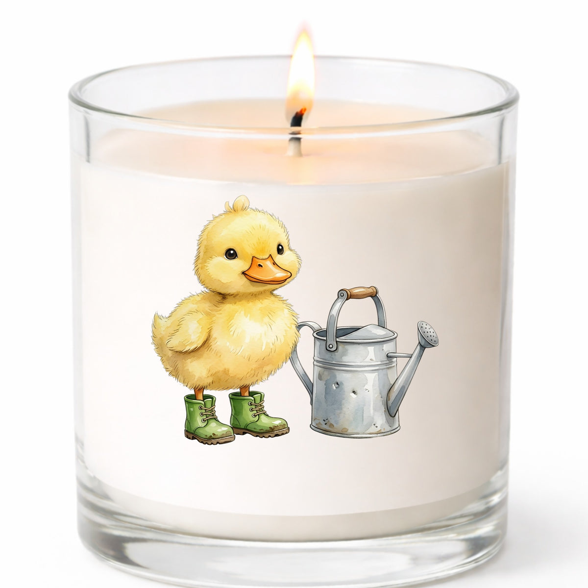 Duckling In Boots With Watering Can UV DTF sticker applied to a white candle in a clear glass jar