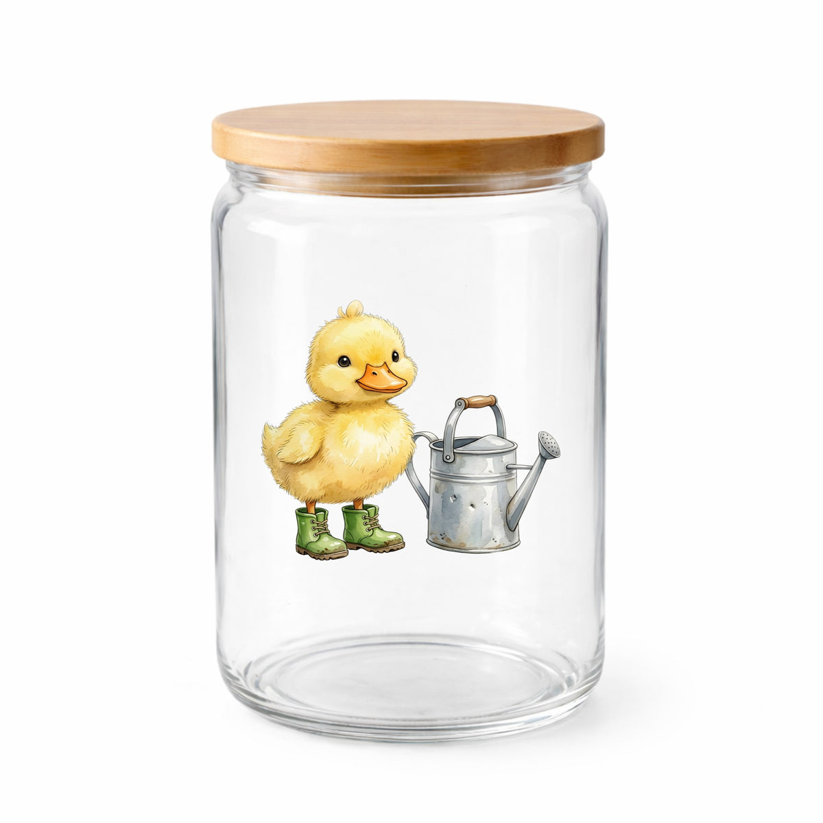 Duckling In Boots With Watering Can UV DTF sticker applied to a clear glass jar with a wooden lid