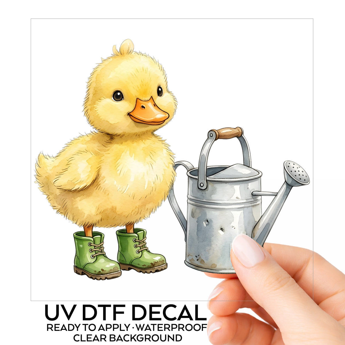 Duckling In Boots With Watering Can UV DTF sticker on its backing card, held in hand