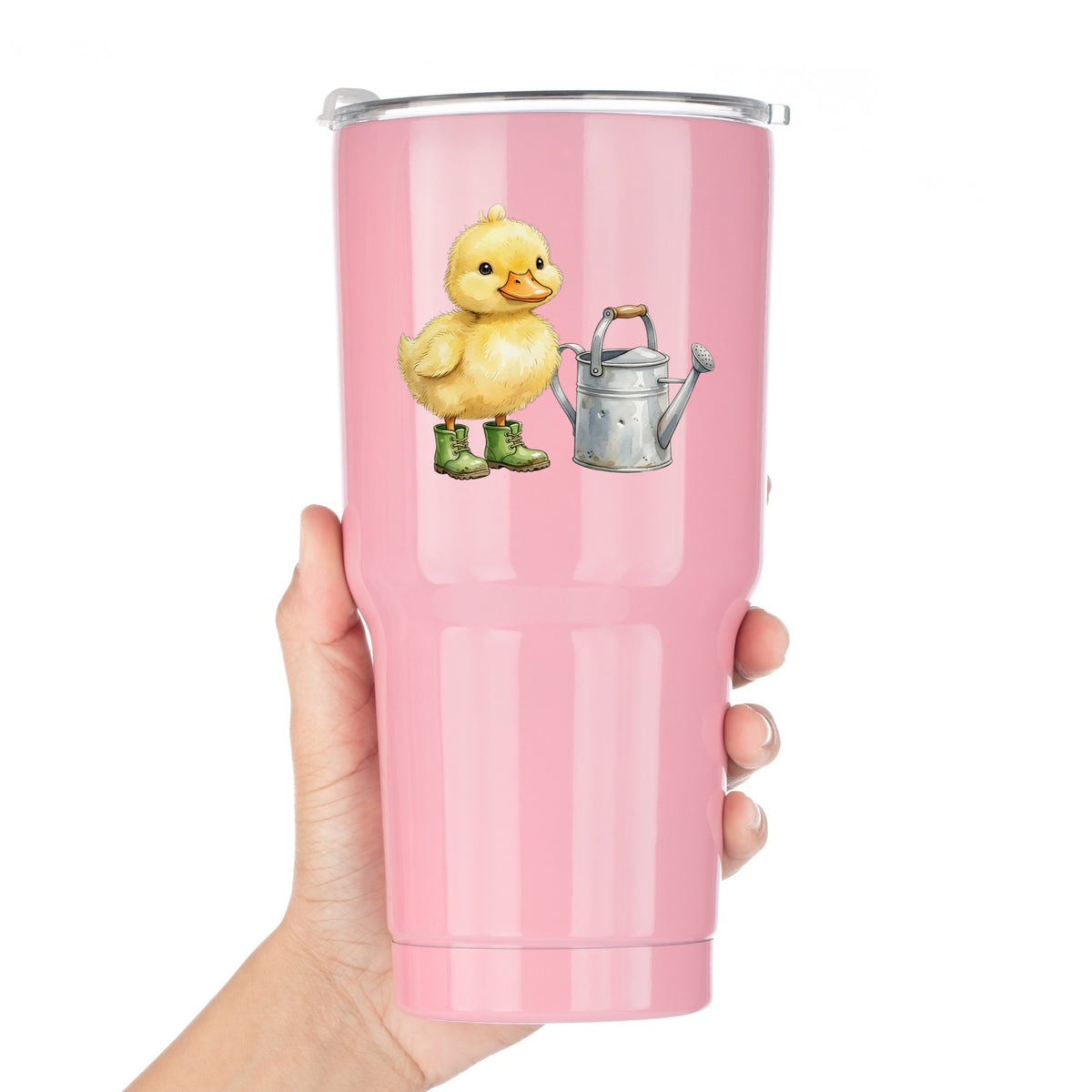 Duckling In Boots With Watering Can UV DTF sticker applied to a pink tumbler held against a white background