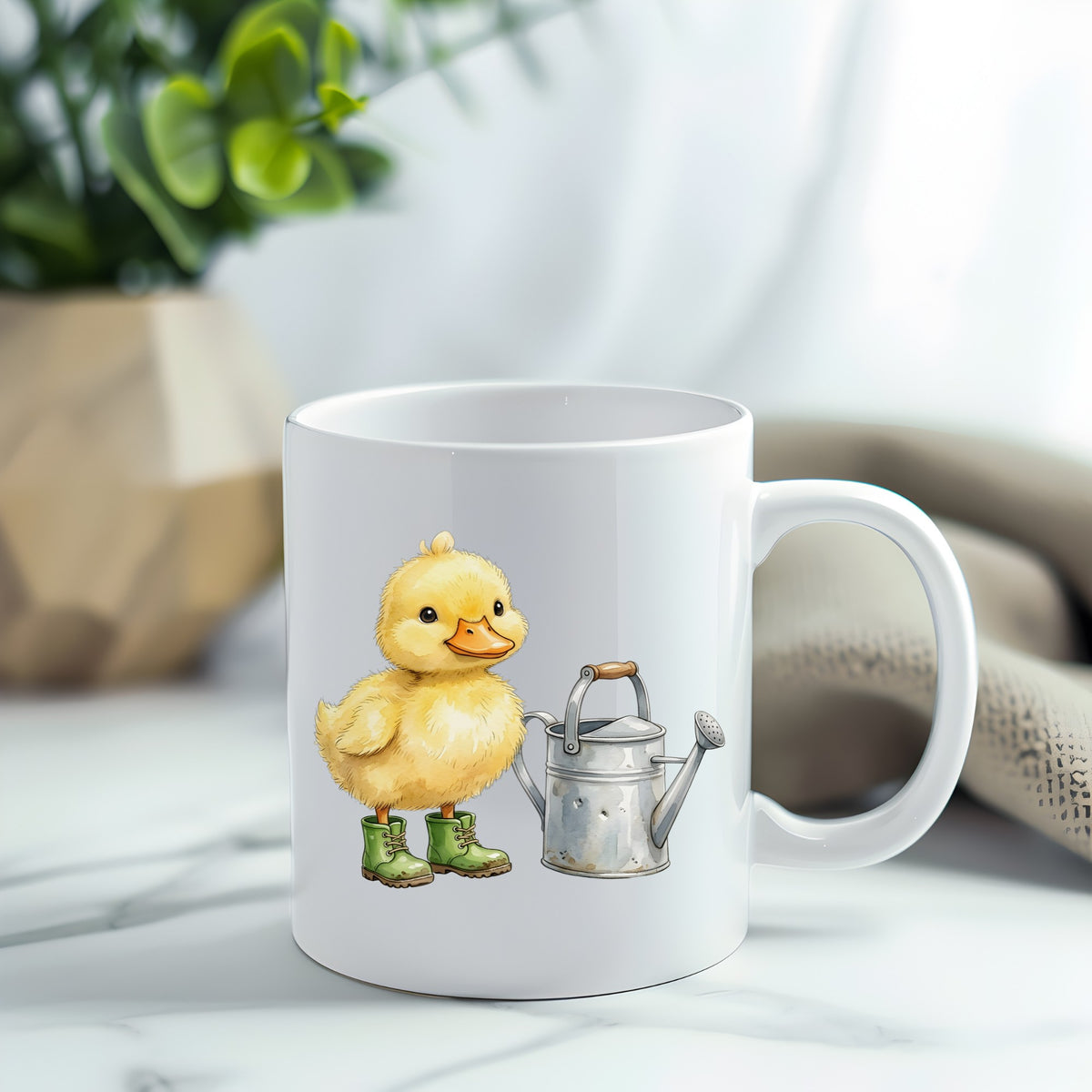Duckling In Boots With Watering Can UV DTF sticker applied to a white coffee mug