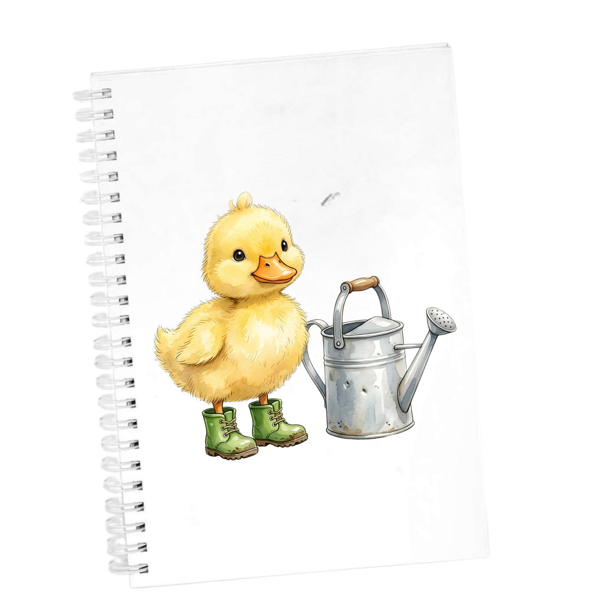 Duckling In Boots With Watering Can UV DTF sticker applied to the cover of a white spiral journal